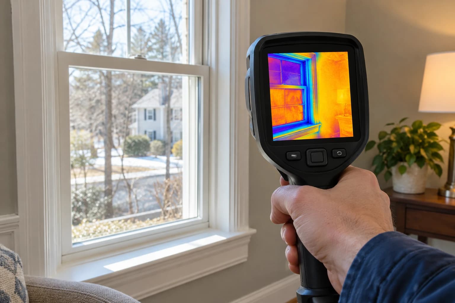Thermal camera inspecting a home's window
