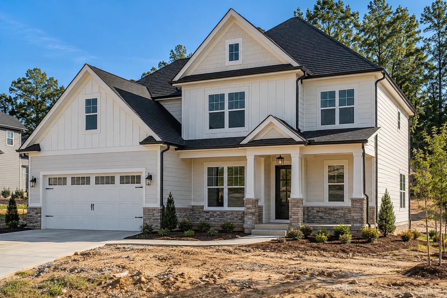 A newly built home with siding, roofing, and exterior details