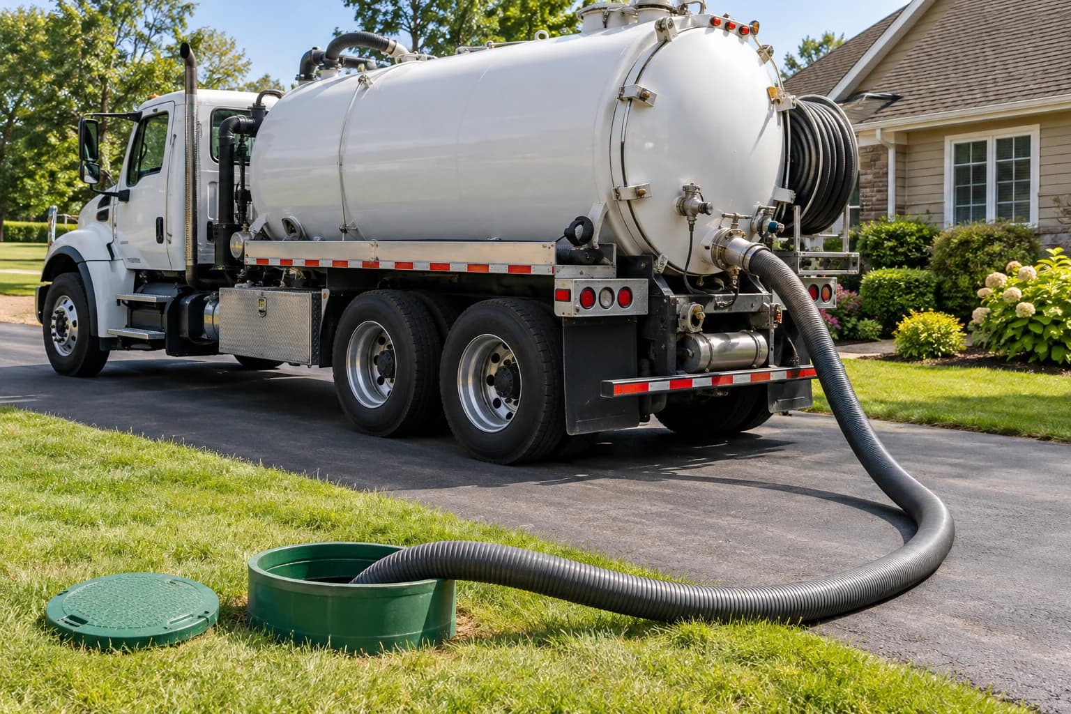 Septic service truck and pumping hose at a property