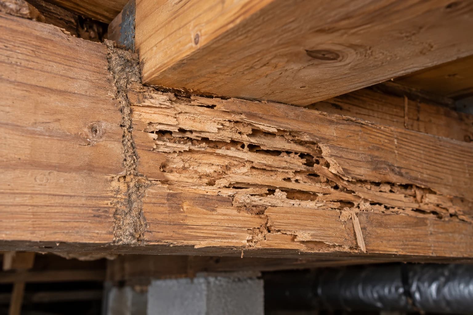 Termite damage in wooden framing