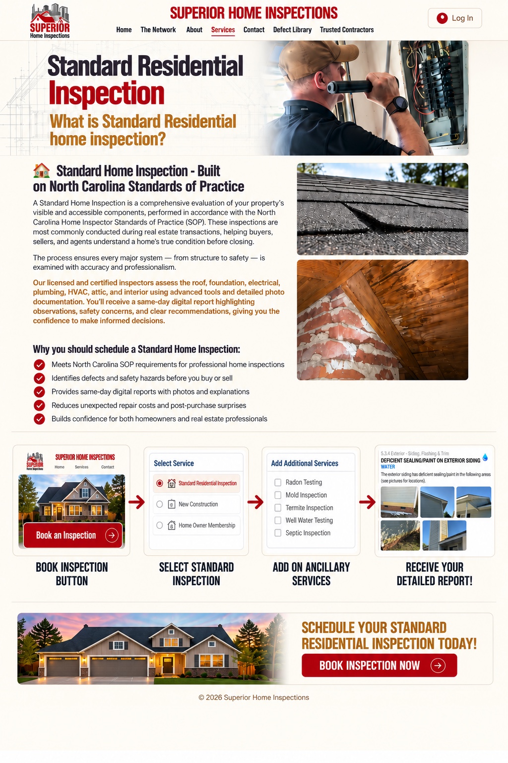 Book an Inspection button on the homepage